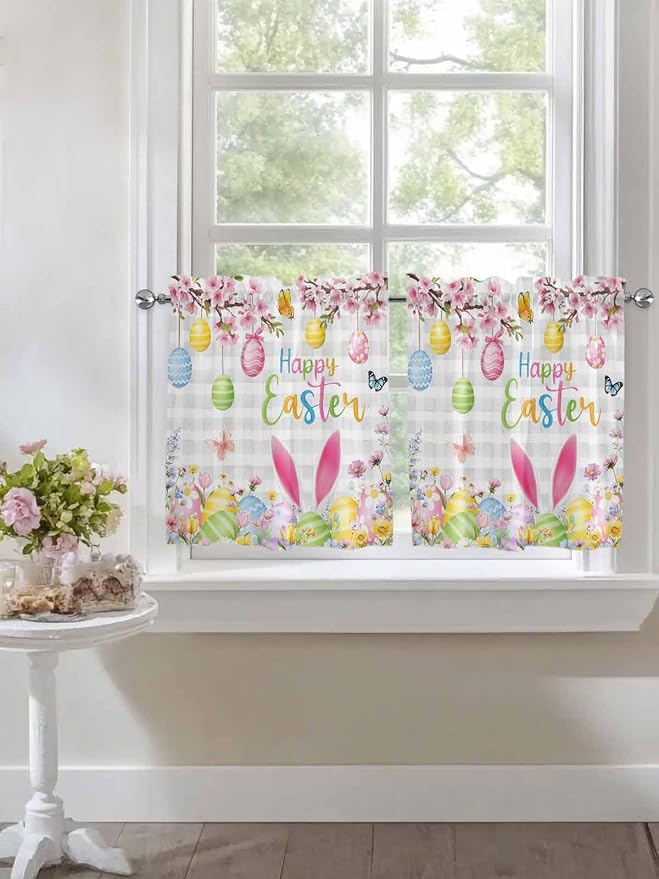 Happy Easter Half Window Curtains 24 Inches Long, Spring Watercolor Bunny Eggs