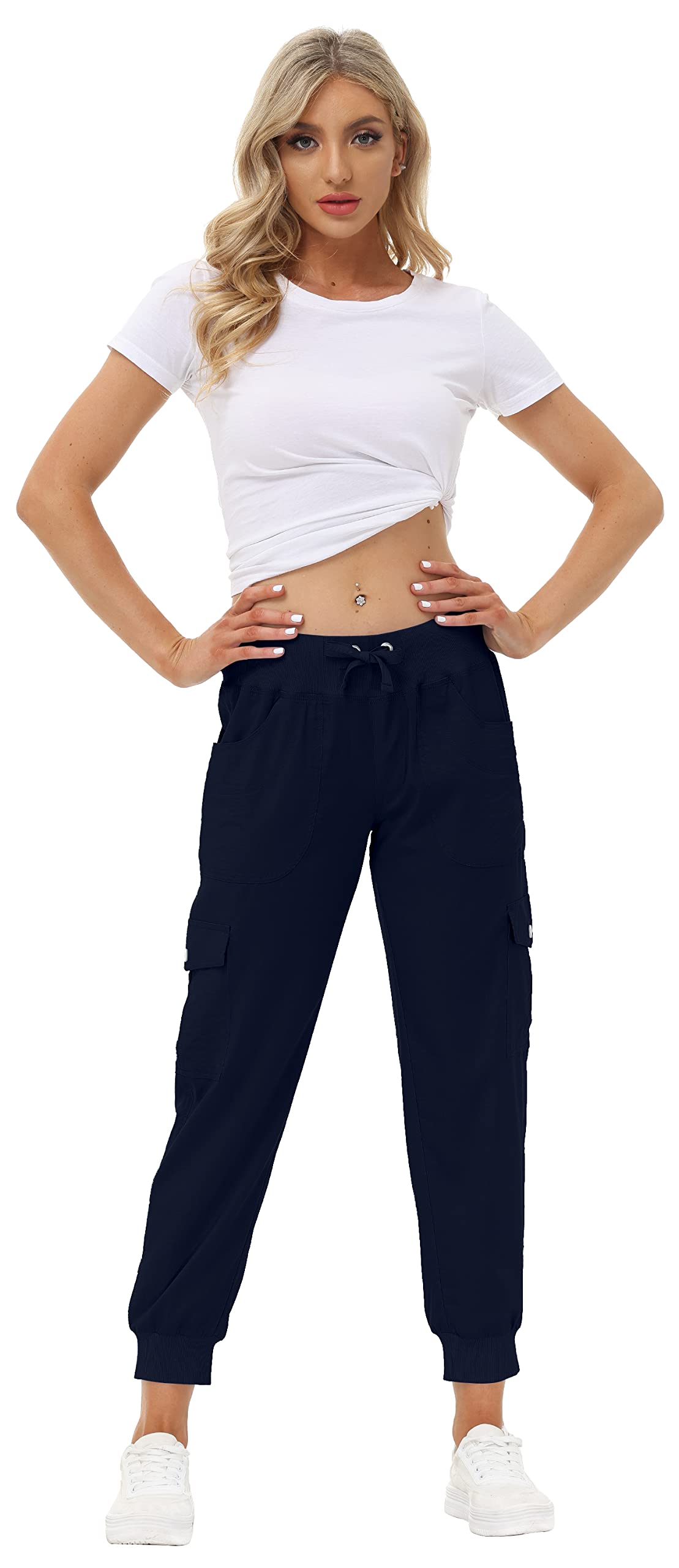 MoFiz Women Cargo Pants with Pockets Lightweight Outdoor Summer Travel Casual Hiking Pants Running Joggers Sweatpants Elastic Waist Navy 4XL