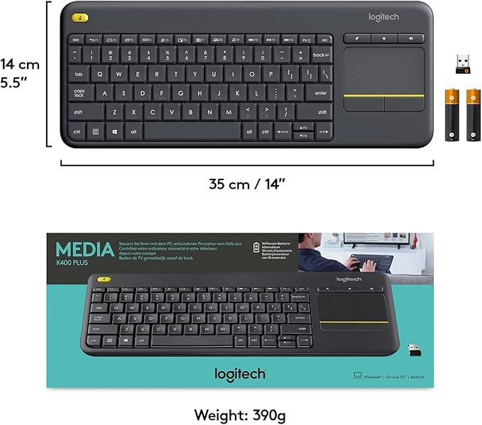 Logitech K400 Plus Wireless Touch TV Keyboard with Easy Media Control and Built-in Touchpad, HTPC Keyboard for PC-Connected TV, Windows, Android, ChromeOS, Laptop, Tablet - Black