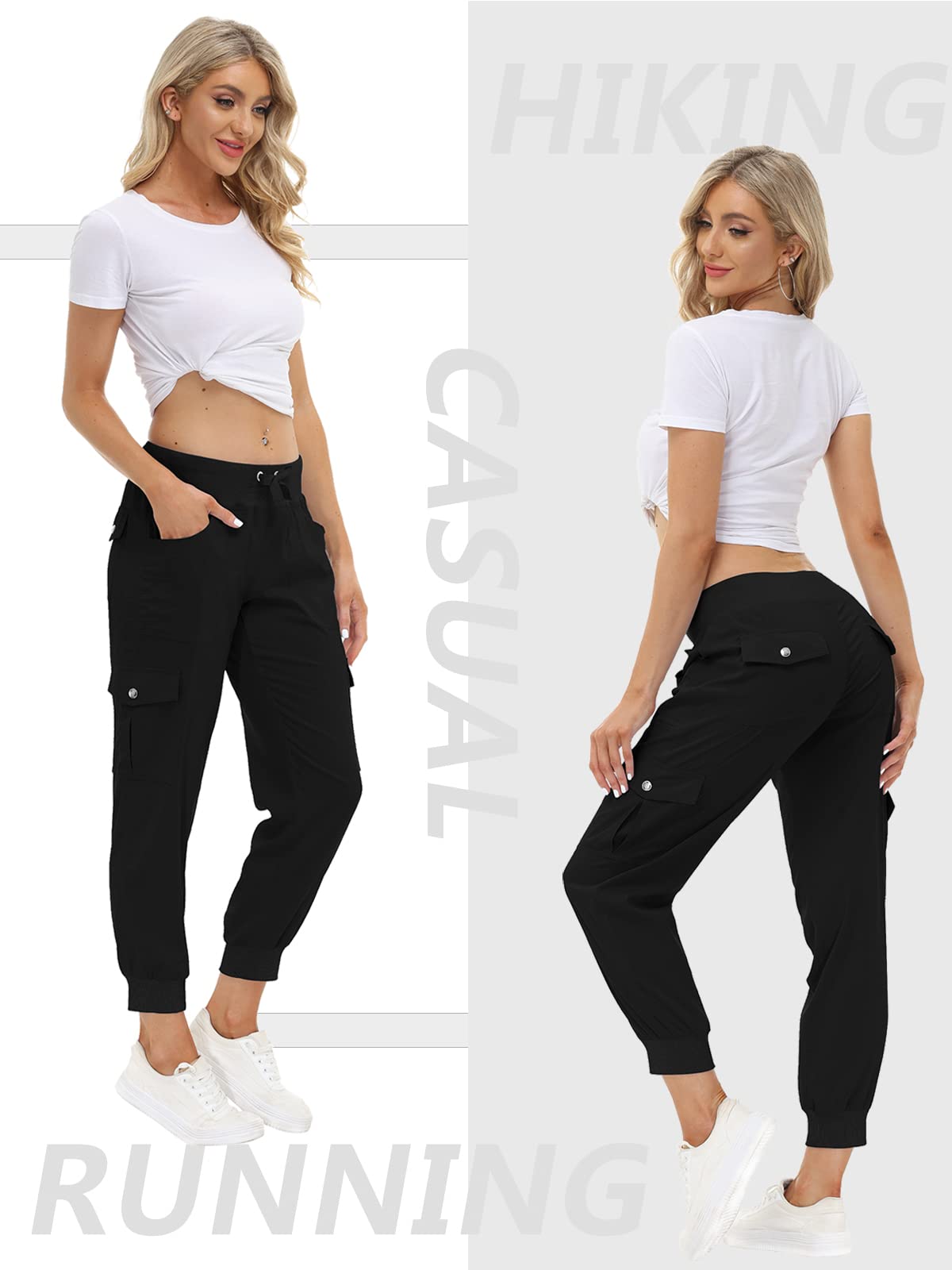 MoFiz Womens Lightweight Hiking Pants with Pockets Quick Dry Athletic Outdoor Summer Travel Casual Sweatpants Cargo Pant for Women Black 4XL