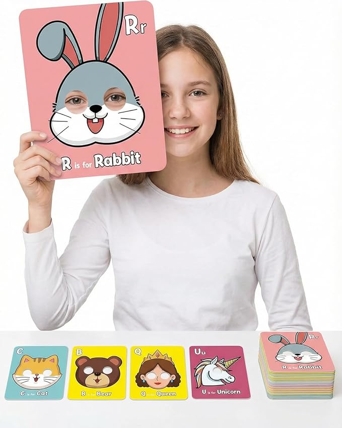 Giant Animal Alphabet Flash Cards with Handheld Animal Masks - 26 Pcs ABC Learning Cards for Toddlers 1-3 - Phonics Mnemonic Letter Recognition Toys for Preschool & Kindergarten Classroom