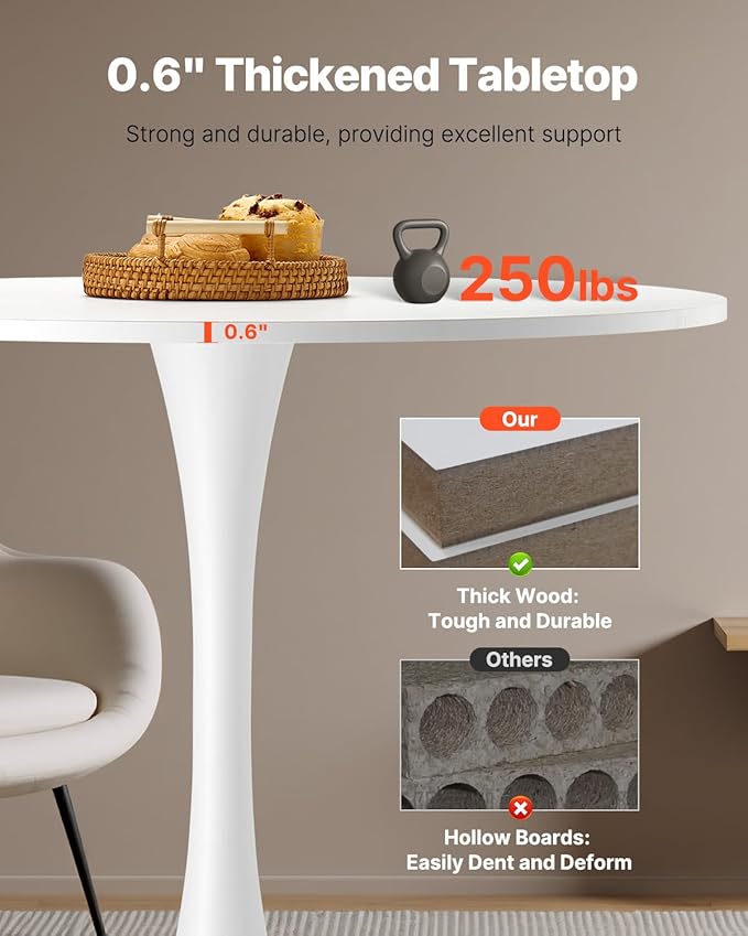 VEVOR Round Dining Table, 31.5 in Wood Table for 2-4 Person, Modern Circle Furniture, Leisure Coffee Office Tables with Pedestal Base in Tulip Design, for Home Kitchen Living Room, White(Only Table)