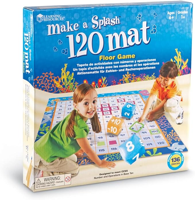 Learning Resources Make a Splash 120 Mat Floor Game - Math Manipulatives, Addition and Subtraction Board Games , Classroom Must Haves, Homeschool Supplies, Montessori Gifts for Boys and Girls
