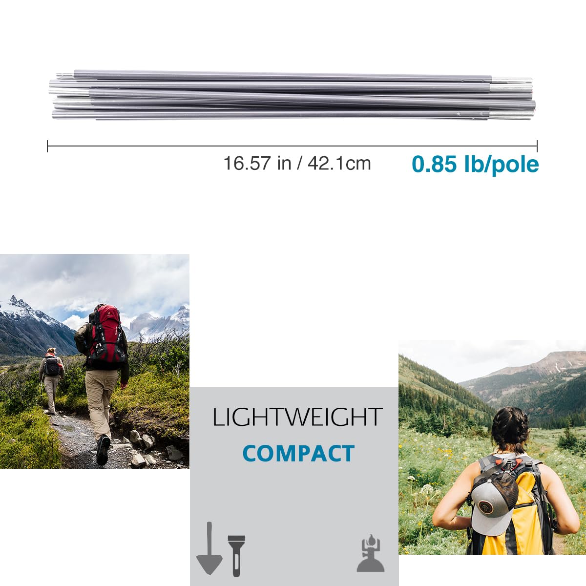 BRILLIANCE4U Grey Tent Poles Replacement, Pre-Assembled Aluminum Tent Rod 16ft 4.4 in, 7001 T6 Heated Lightweight Outer Dia. 3/8” 9.5mm, 196.4 in 1 Pole