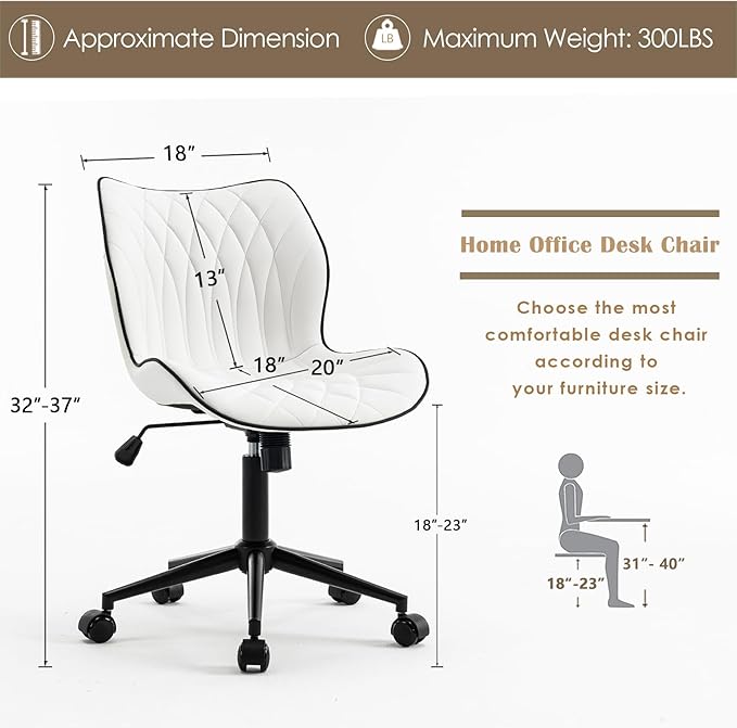 YOUNUOKE Armless Desk Chair Comfy Office Chair with Wheels Home Ergonomic Task Chair Adjustable Computer Chairs Modern Faux Leather Swivel Chair Upholstered Makeup Vanity Chair with Back(White)