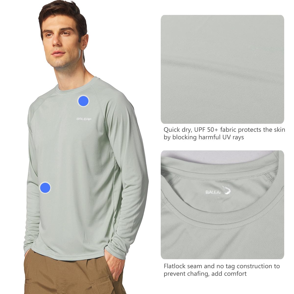 baleaf Mens UPF 50+ Sun Protection Shirts Long Sleeve Rash Guard, Quick Dry 4-Way Stretch for Fishing Swimming Surfing 2 Pack-Gray XL