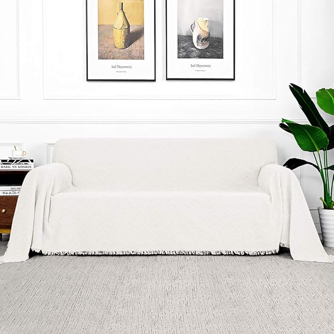 MYSKY HOME White Geometrical Sofa Covers, Sectional Couch Covers for 2 Cushion Couch Couch Cover Living Room Sofa Throws Sofa Slipcovers for Pets, Kids (Large, 71" x 102", White)