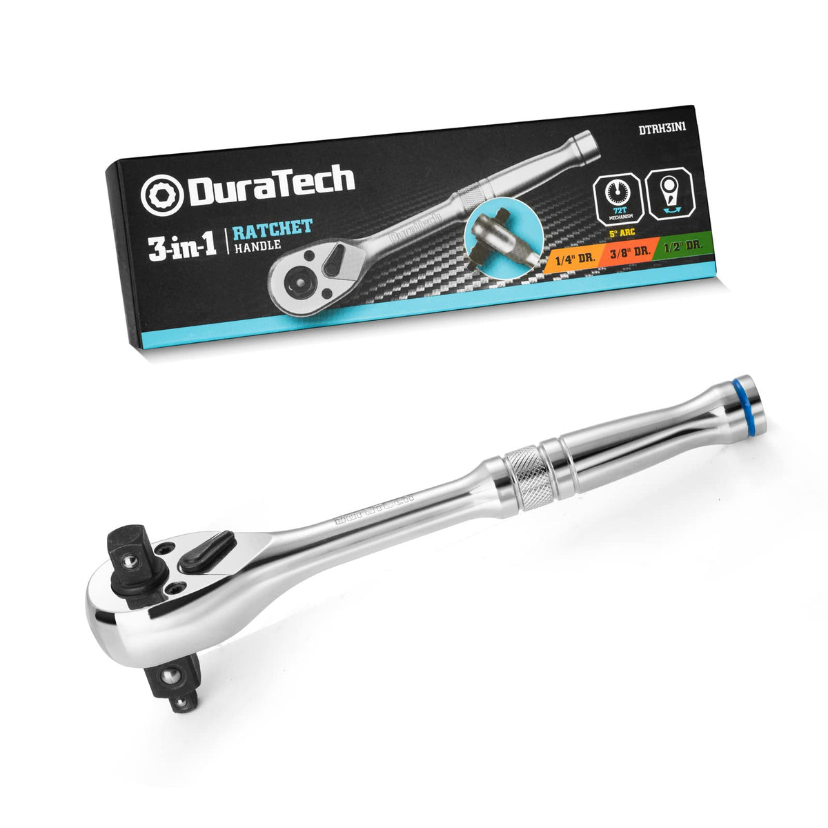 DURATECH 3-IN-1 Ratchet Handle, 1/4 ", 3/8 ", 1/2" Drive Ratchet Wrench, 72-Tooth, Reversible Switch, Full-Polished Chrome Plating, Alloy Steel