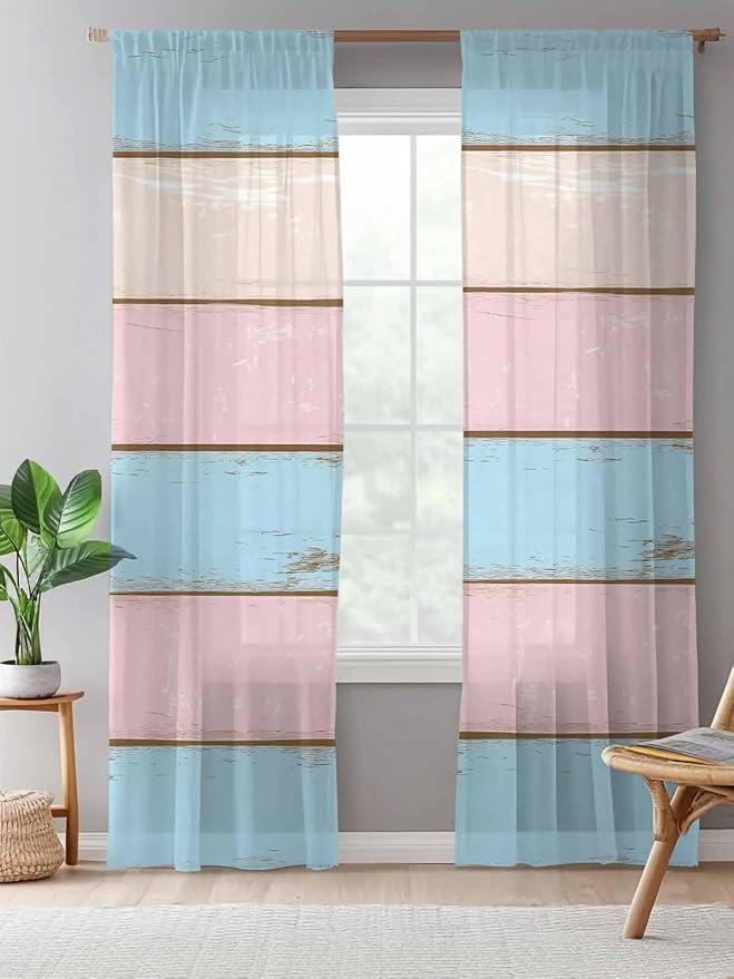 Sheer Curtains 108 Inches Long, Farmhouse Country Shabby Striped Privacy Voile