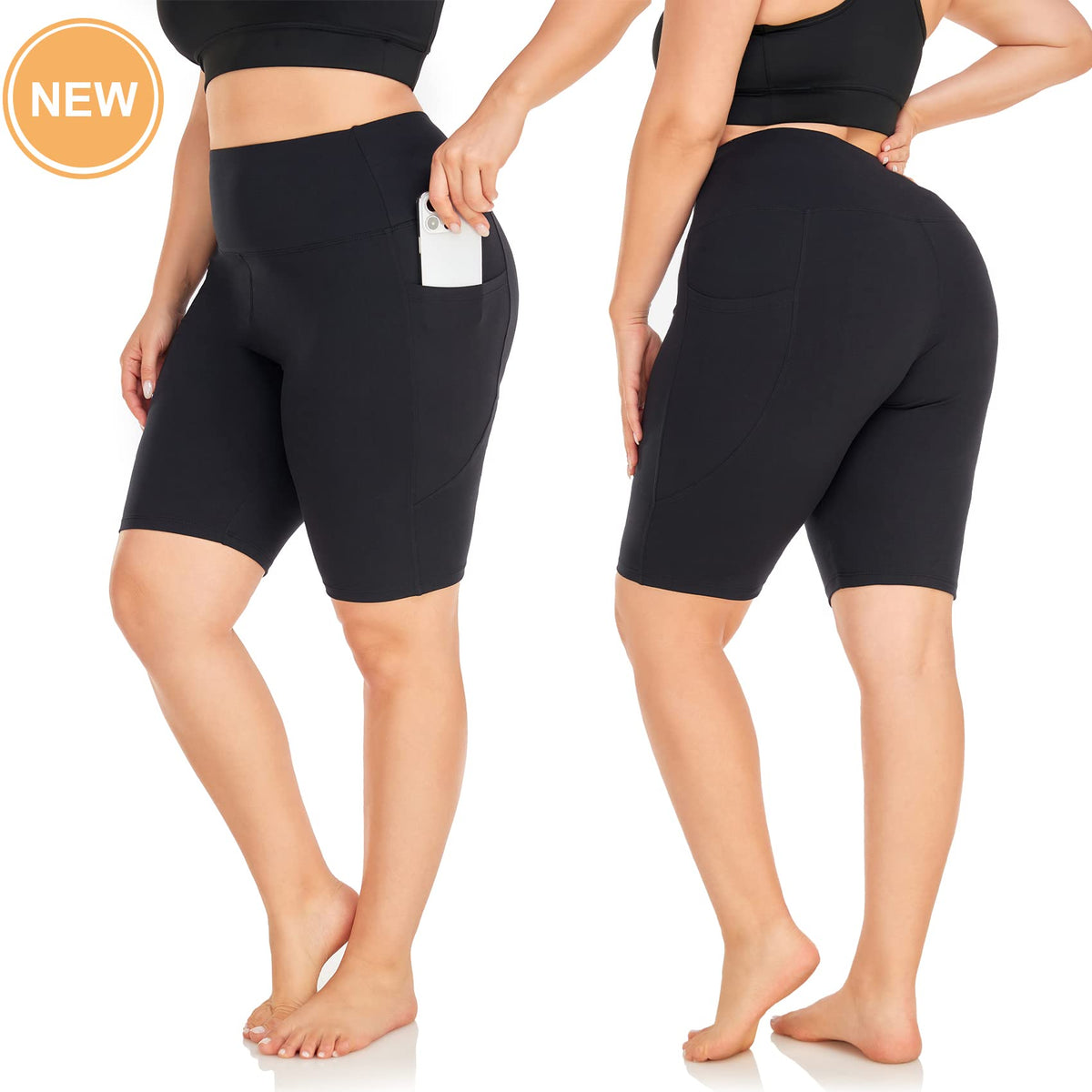 MOREFEEL 3 Pack Plus Size 8" Biker Shorts with Pockets for Women-High Waisted Tummy Control Non-See Through Workout Yoga Shorts