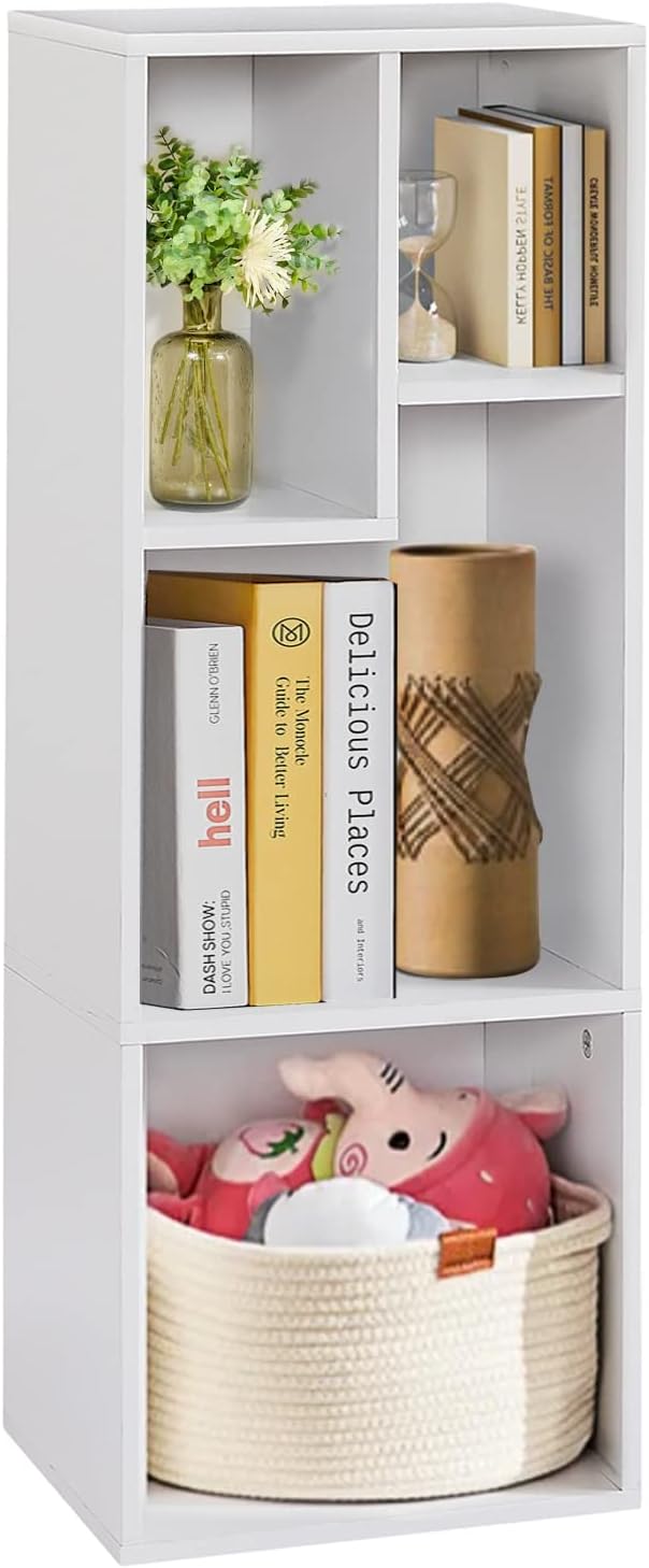 VECELO Small White Bookshelf, 4 Cube Slim Bookcase, Fits Tallest Hardcovers, Horizontal Available, Modern Floor Standing Unit, Each Shelf Hold Up to 66 LBS,White