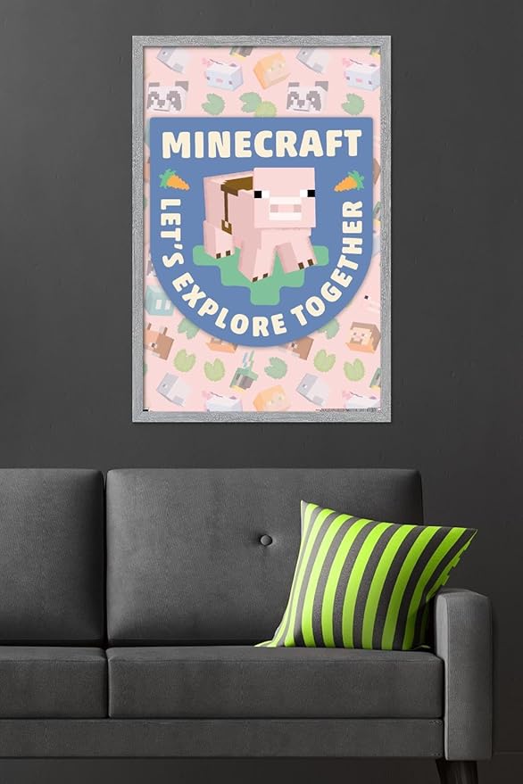 Trends International Minecraft - Let's Explore Together Wall Poster, 34L x 22.4W, Gray Framed Version