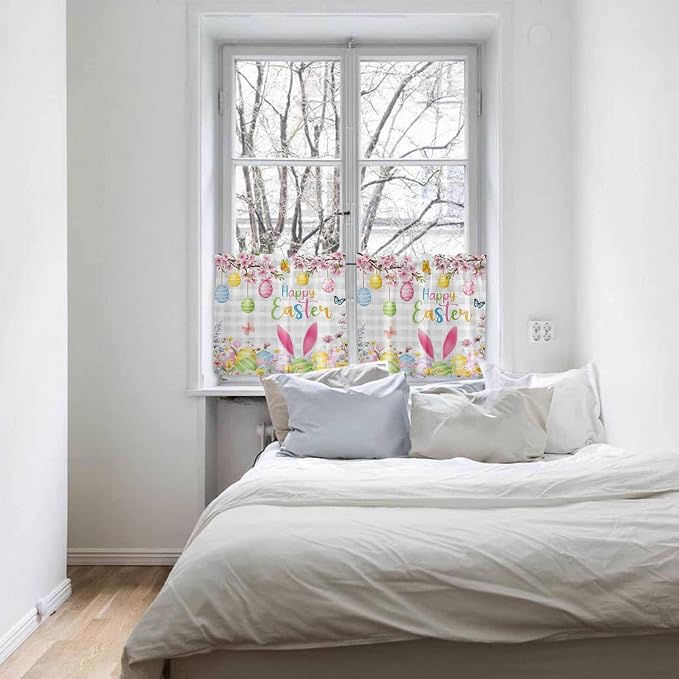 Happy Easter Half Window Curtains 24 Inches Long, Spring Watercolor Bunny Eggs