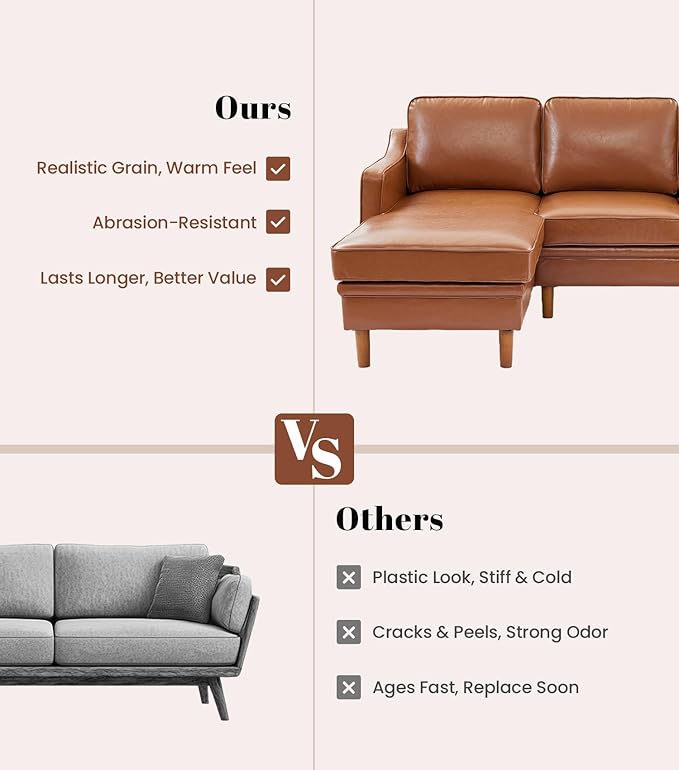 Kingfun 88" L-Shape Sofa, Faux Leather Sectional Couch, Mid Century Modern Couches with Solid Wood Frame for Living Room & Bedroom, Dark Brown