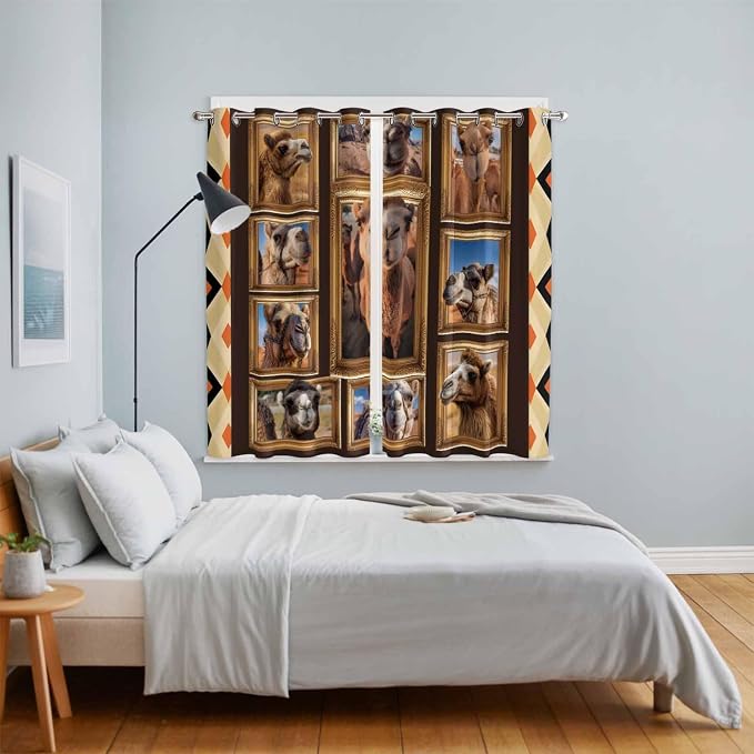 2 Panel Kitchen Cafe Curtains, Wildlife Camels Sunlight Filtering Nature Air