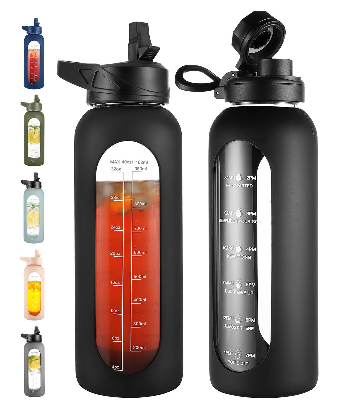 CIVAGO 40 oz Glass Water Bottle with Straw and Handle, Large Sports Motivational Water Bottle Flask with Time Marker and 2 Lids, Leakproof Water Jug Canteen with Silicone Sleeve for Gym, Black