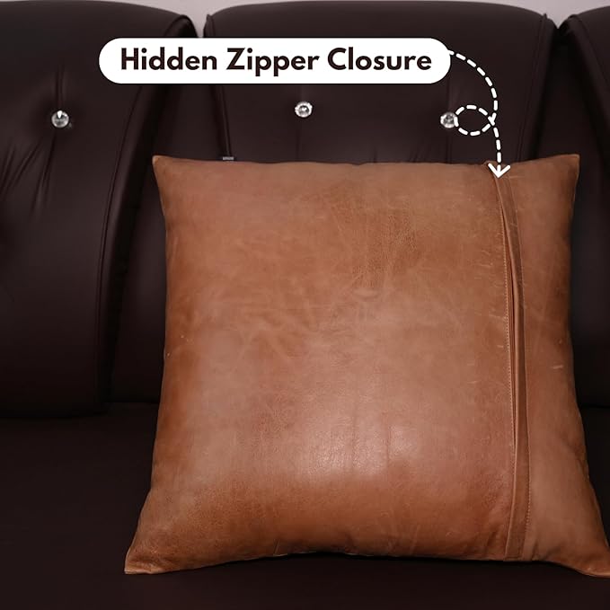 D DOLLY LAMB Lambskin Leather Pillow Cover - Sofa Cushion Case - Decorative Throw Covers for Living Room & Bedroom, 22x22 Inches - Antique Brown Plain