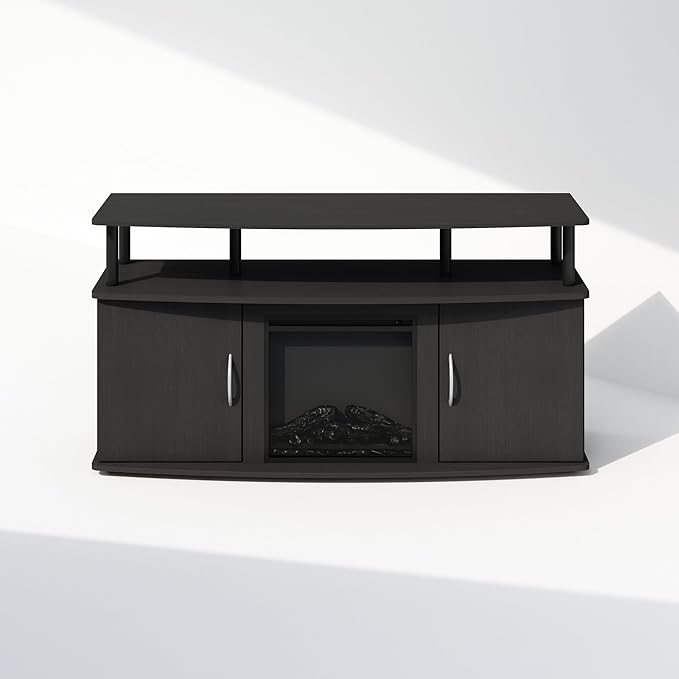 Furinno Jensen Fireplace TV Stand, NO Heat Decorative Electric Fireplace Corner TV Stand for TV up to 55 Inch, with Doors Storage Cabinet, for Living Room, Americano/Black