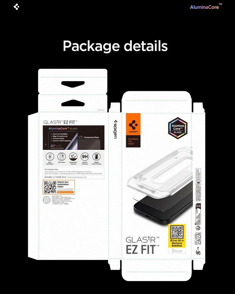 Spigen AluminaCore Tempered Glass Screen Protector [Glas.tR EZ Fit] designed for iPhone 17 Pro | iPhone 17 | iPhone 16 Pro [2 Pack] 9H+ Hardness, Aluminum-Enhanced Durability