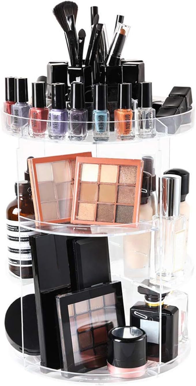 SUNFICON Rotating Makeup Organizer 360 Rotation Cosmetic Storage Holder Crystal Clear Acrylic Makeup Turntable Spin Display Stand Bathroom Bedroom Countertop Vanity Dressing Table Gift Girl Lady Women