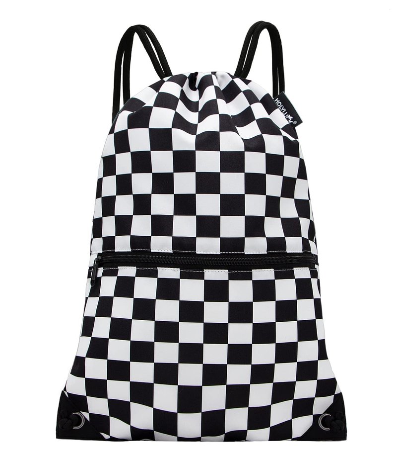 HOLYLUCK Drawstring Backpack Bag Sport Gym Sackpack (Black and white grid)