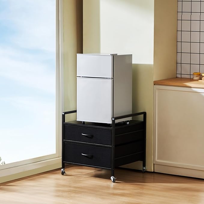 VEVOR Mini Fridge Stand with Storage, 176 lb-Capacity Mini Fridge Table with 2 Drawers & 4 Swivel Wheels, Mobile Mini Fridge Shelf, Black Mini Fridge Organizer for Dorm, Apartment, Office, Bedroom