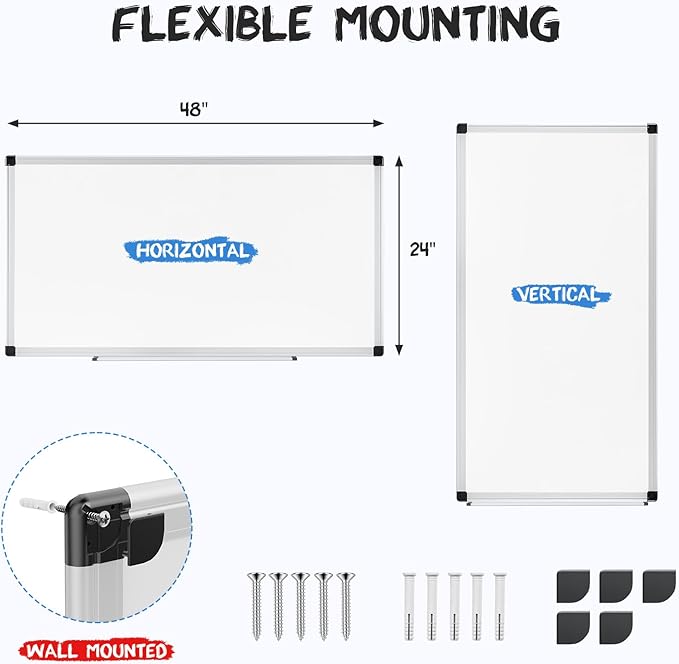 OLIXIS Magnetic White Board, Dry Erase Board for Wall 24" x 48", Whiteboard with 1 Dry Eraser & 2 Multicolor Markers & 4 Magnetic Pins, Aluminium Frame for School, Office, White