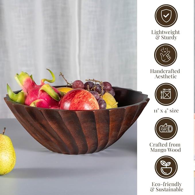 Folkulture Natural Ribbed Salad Bowl | 11” Large Mango Wood Serving Bowl for Salad, Fruit & Pasta | Decorative Wooden Bowl for Kitchen Island, Dining Table & Entertaining
