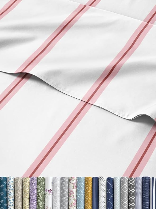 Striped Sheets - Red & White Striped Sheets - 1 Flat & 1 Fitted & 2 Pillowcases w/ Deep Pockets – Comfy, Wrinkle & Fade Free - Soft, Breathable & Cooling – Luxury Pinstripe Bedding - Full Size Bed Set