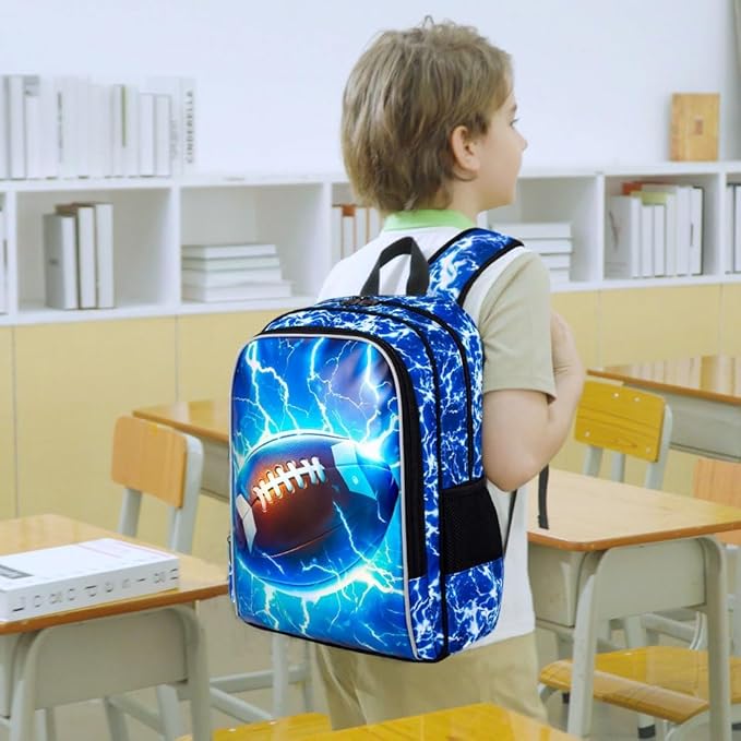 KLFVB 3PCS Kids Bookbag, 17" Boys Backpack and Lunch Box, Water Resistant Teenagers School Bag for Middle Elementary - Lightning Rugby