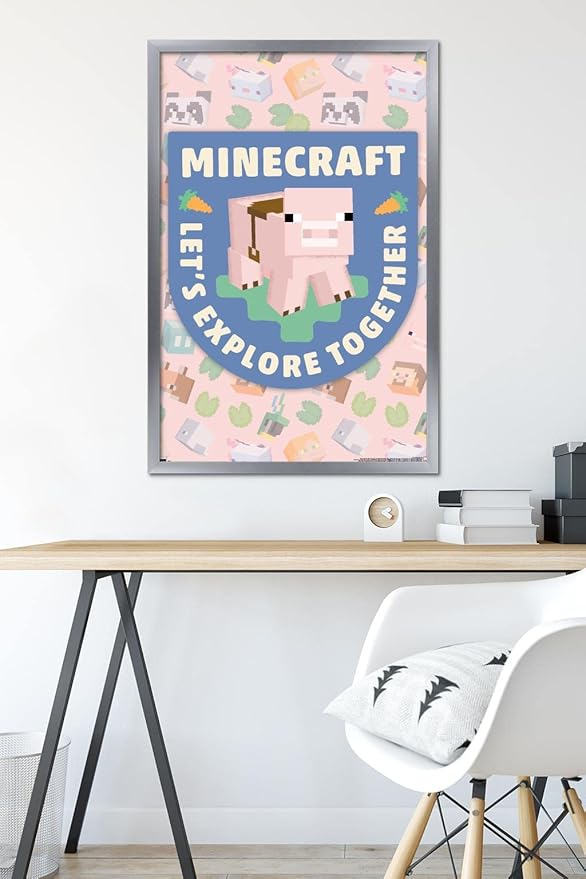 Trends International Minecraft - Let's Explore Together Wall Poster, 34L x 22.4W, Silver Framed Version