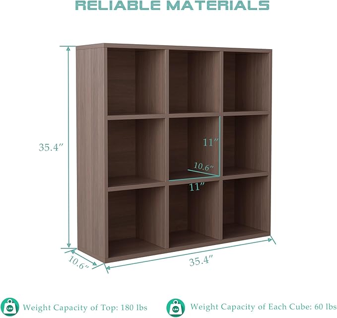 9-Cube Storage Shelf Bookcase - Wooden 3-Tier Floor Standing Open Bookshelf for Home and Office, Cuby Orgainzer, Walnut