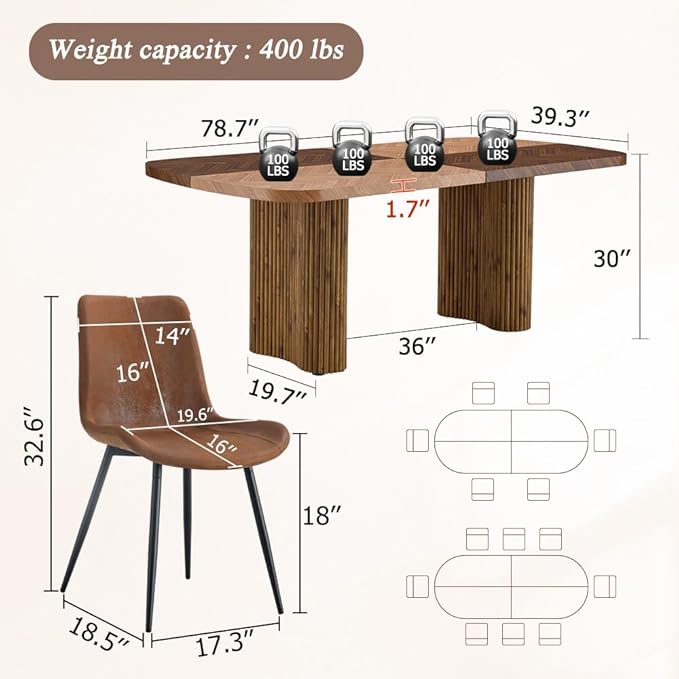 79" Large Dining Table Set for 8, Rectangular Wood Dining Room Table with 8 Suede Upholstered Chairs, 1.7" Thick Two-Color Wood Top & Sculpted Wave Legs, Modern Farmhouse Kitchen Table and Chairs Set