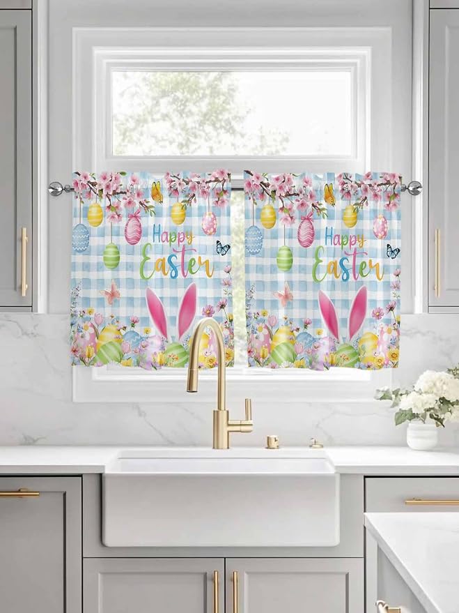 Happy Easter Half Window Curtains 24 Inches Long, Spring Watercolor Bunny Eggs