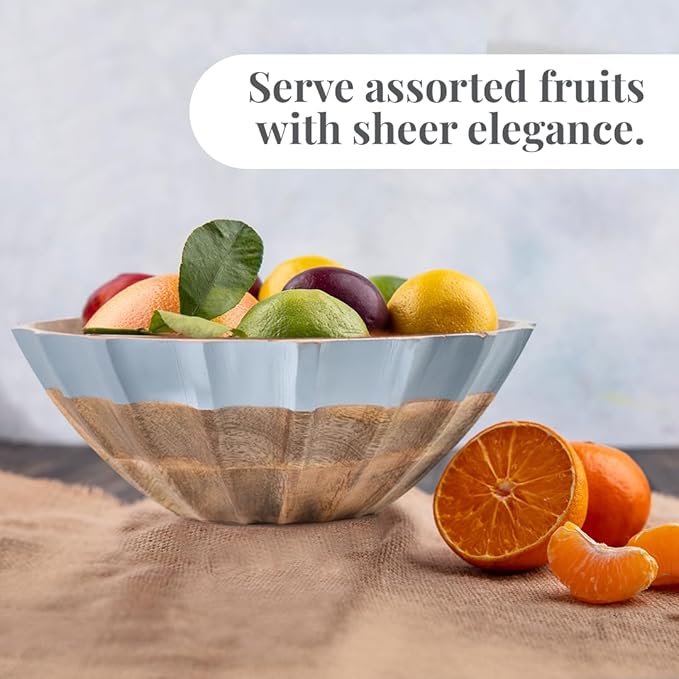 Folkulture Natural Wave Salad Bowl | 11” Large Mango Wood Serving Bowl with Dual Ribbed Design | Wooden Bowl for Salad, Fruit & Pasta | Kitchen Island & Dining Table Décor