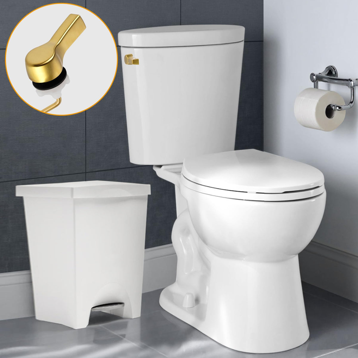 Hibbent Universal Metal Side Mount Toilet Handle Replacement Kit, Brass Toilet Flush Tank Lever with Stainless Steel Flapper Chains for Most Toilets, Brushed Gold