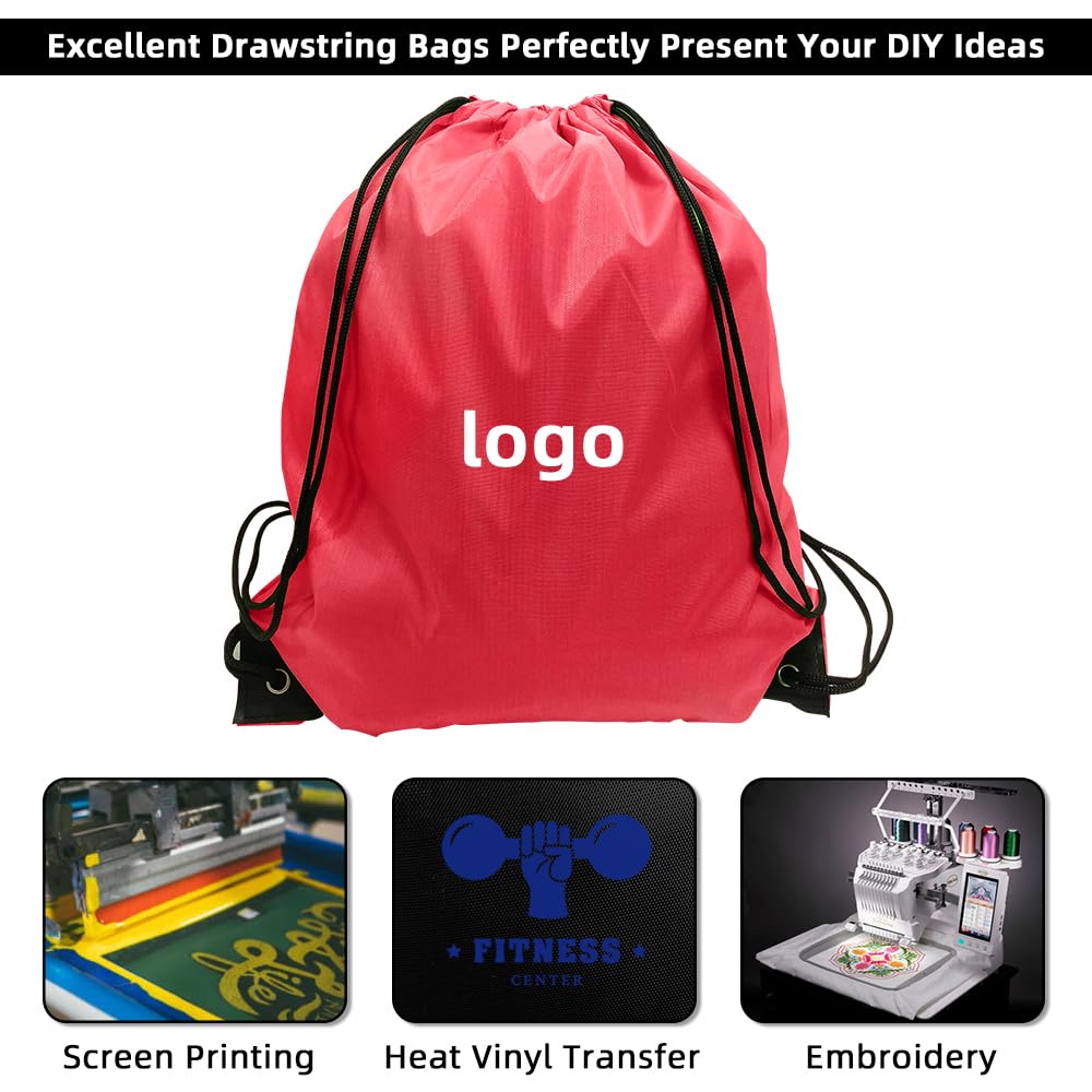 GoodtoU Drawstring Bags, Nylon Backpack Bulk Cinch Sack for Sport, Traveling, Team (60Pcs, Cherry)