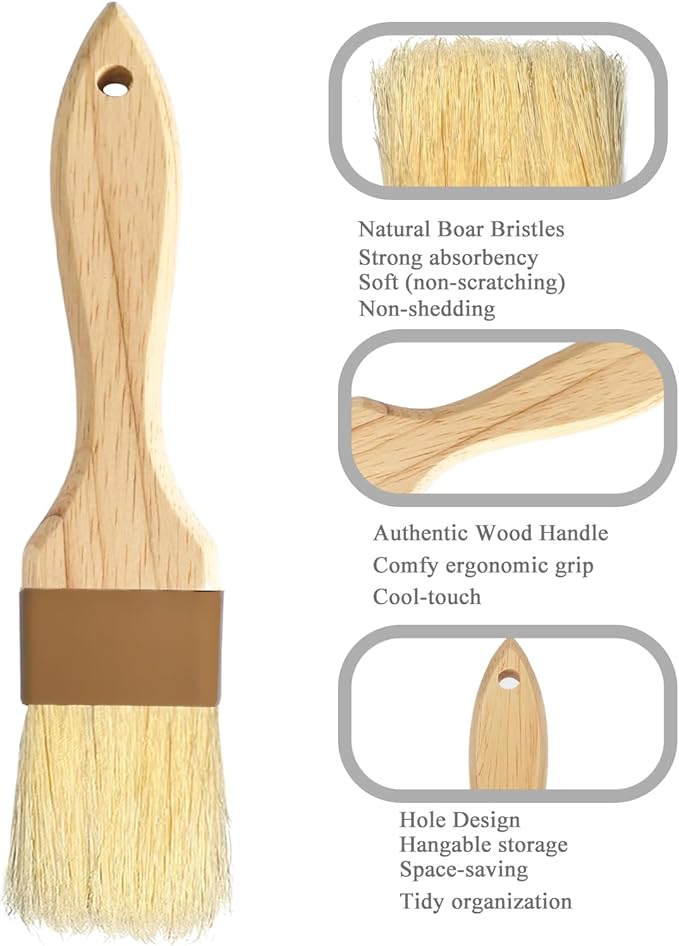 Pastry Basting Brush Natural Bristle - Food Grade Wooden Handle, Heat Resistant, Non-Shedding & Durable Kitchen Utensils for Cooking, Baking, Butter, BBQ, Oil Sauce & Egg Wash (1", 1.5", 3 Pack)