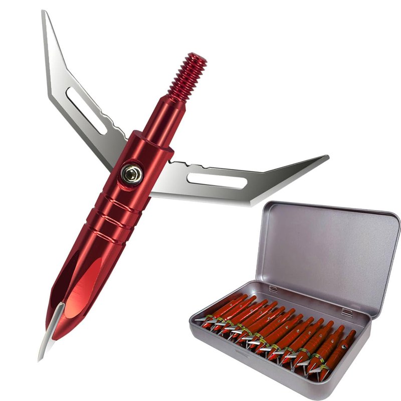 e5e10 12pcs Hunting Broadheads 100 Grain Archery Broadheads New Stell Broadheads + 1 pcs Metal Broadhead Case for Arrowheads (red)