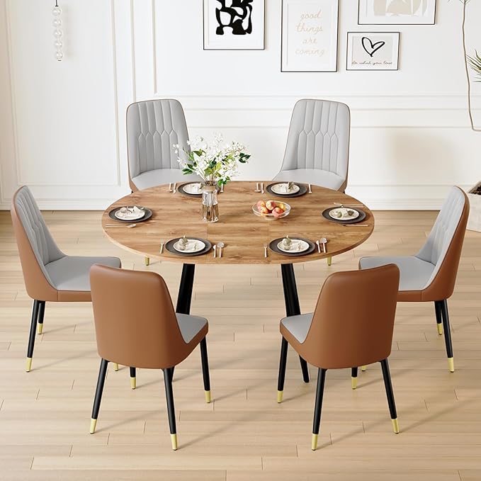 Round Dining Table Set for 6｜42"-54" Extendable Dining Table Set for 6｜0.73" Thick Wood Tabletop with Smooth Edge｜Black Metal Leg with Non-slip Footmat｜6 Soft PU Chairs｜Space Saving｜Easy Assembly