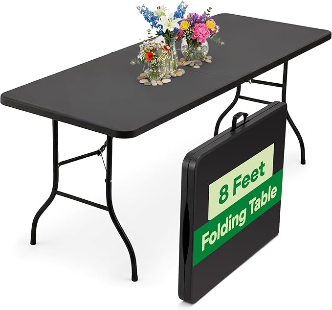 EconoHome Black 8ft Folding Table with Handle | Heavy-Duty Foldable Table | Portable Table for Indoor & Outdoor Use | Perfect for Events, Camping, Parties, Dining & More