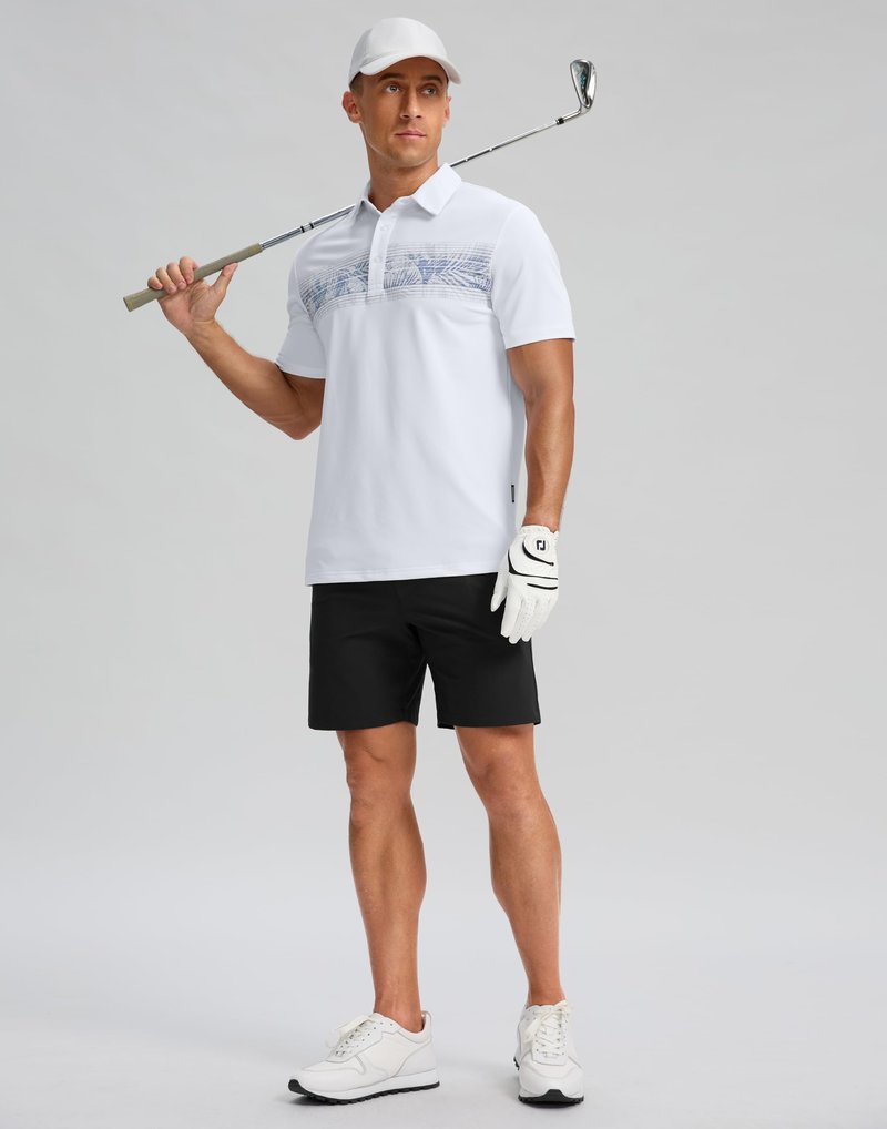 Men's Golf Shirts Dry Fit Moisture Wicking Performance Short Sleeve Collared Polo Shirts for Casual Tennis Bussiness (White Leaves, XXXL)
