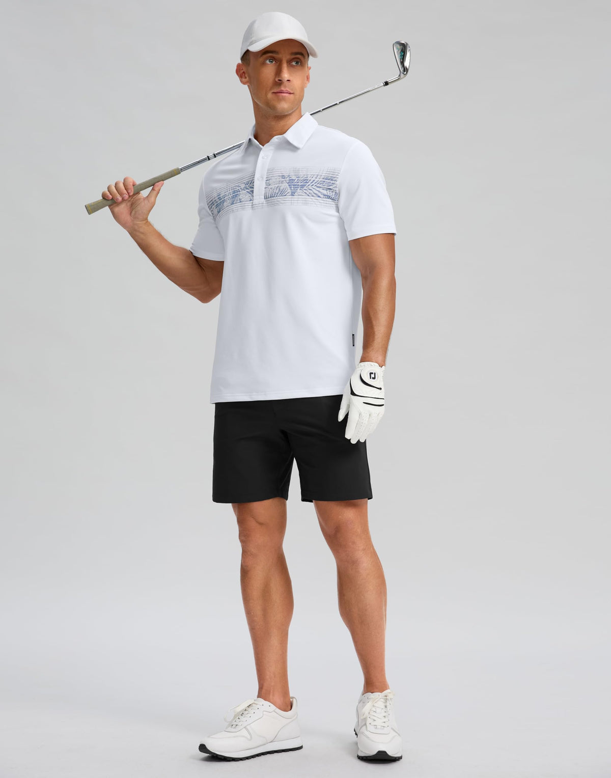 Men's Golf Shirts Dry Fit Moisture Wicking Performance Short Sleeve Collared Polo Shirts for Casual Tennis Bussiness (White Leaves, S)