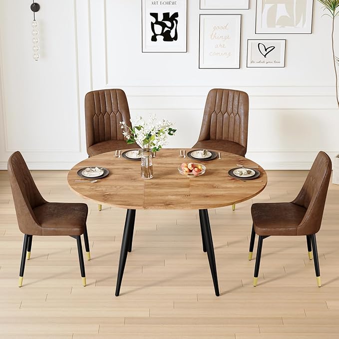 Round Dining Table Set for 4, 42"-54" Extendable Dining Table Set for 4, 0.73" Thick Wood Tabletop with Smooth Edge, Black Metal Leg with Non-slip Footmat, 4 Soft PU Chairs, Small Space, Easy Assembly