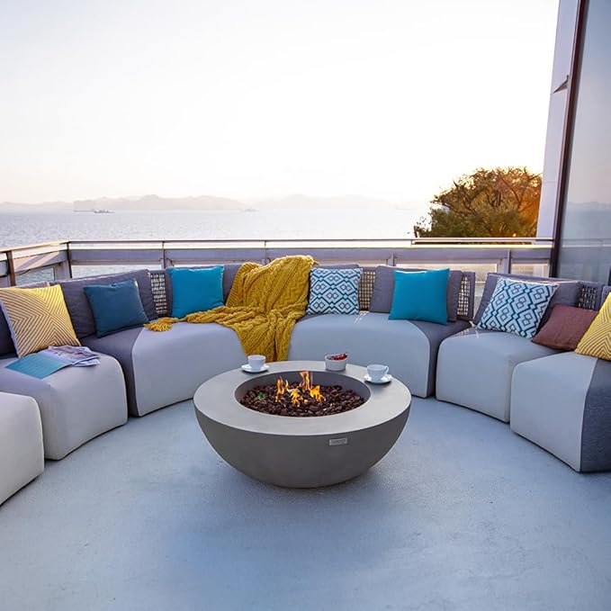 Elementi Lunar Bowl Fire Pit Bundle Outdoor Firepit Set Includes 42” Natural Gas Concrete Firepit, Glass Windscreen, Stainless Steel Cover, Canvas Cover, Floor Mat, and Beverage Tub
