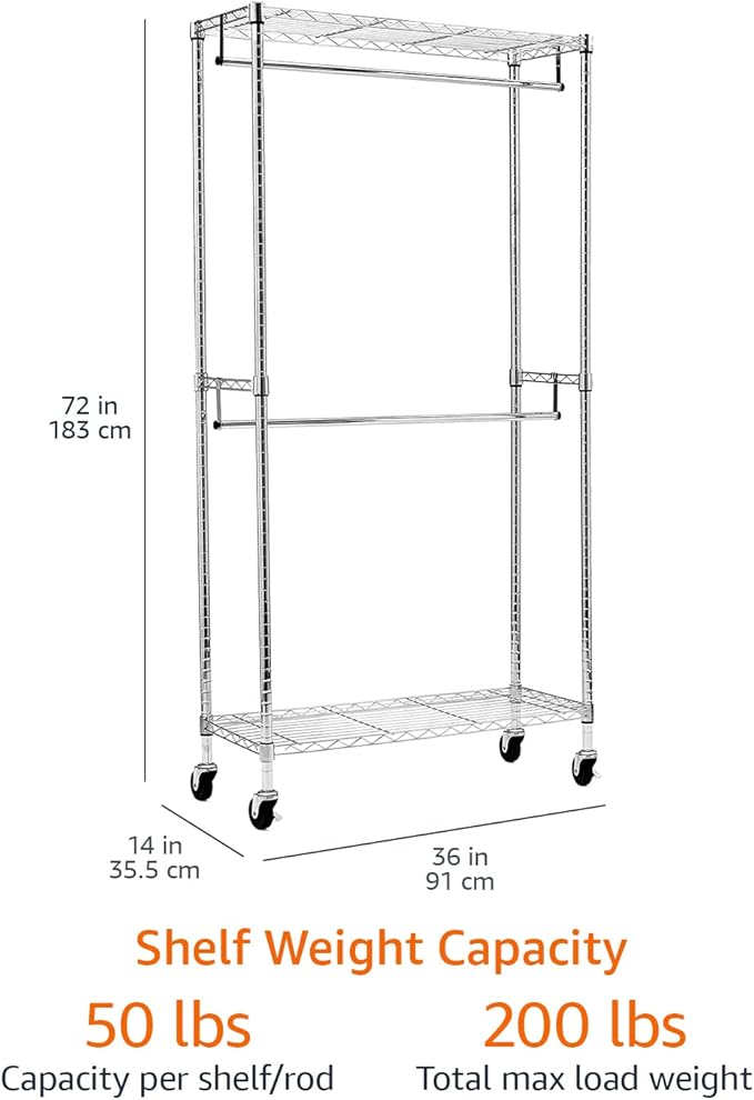 Amazon Basics Adjustable Clothes Rack for Handing, Double Hanging Rod Garment Rolling Closet Clothing Organizer, Chrome, 36'' x 14'' x 72''
