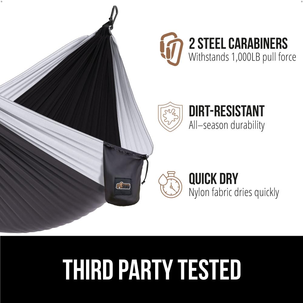 GORILLA GRIP Durable Camping Hammock with Heavy Duty Tree Straps, Portable Hammocks for Outside, Easy to Use Travel Swing Chair, Outdoor Camper Hiker Essentials, Backpacking Gear Gifts, Double, Black