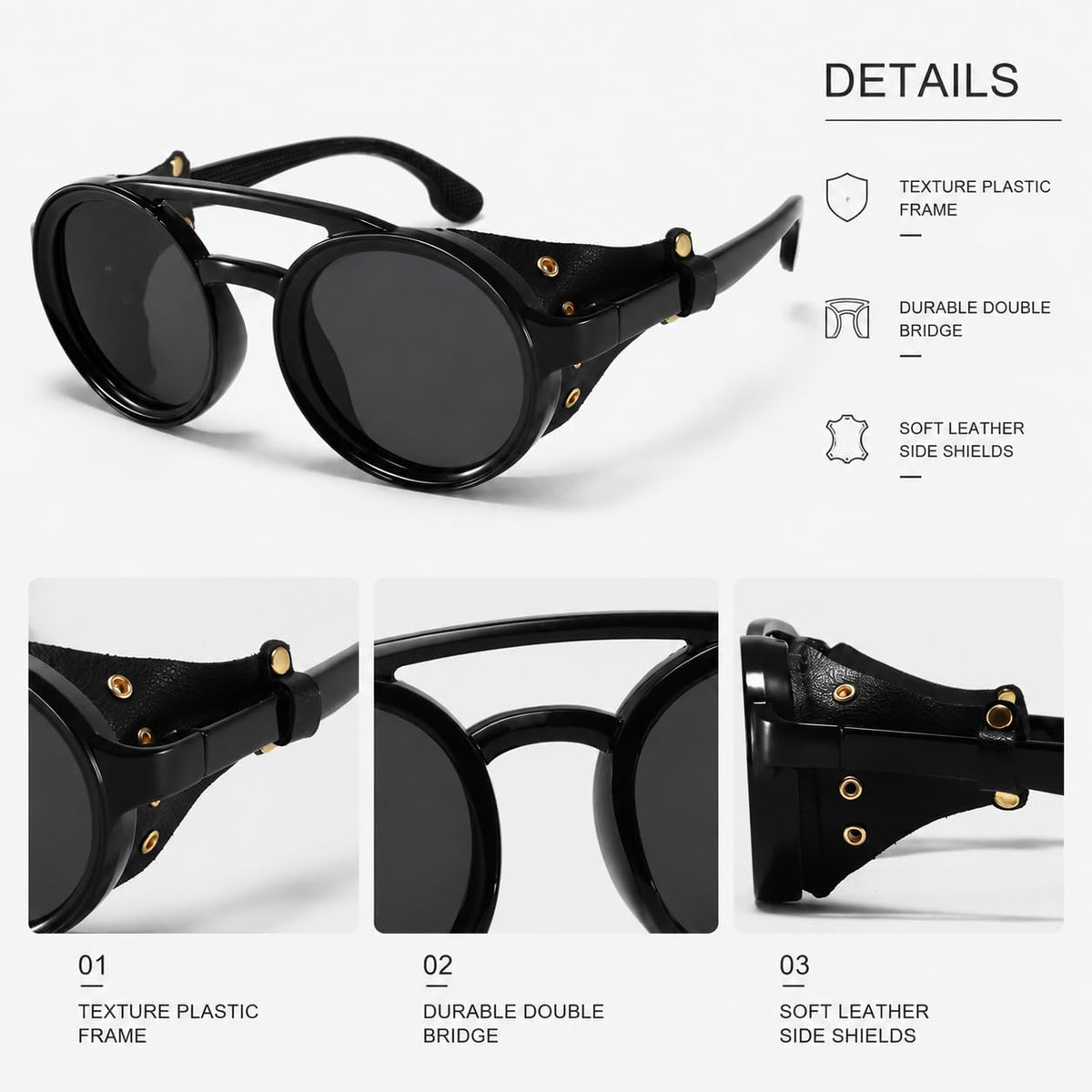 MUDIWRLO Polarized Round Steampunk Sunglasses with Leather Side Double Bridge Shield Retro Eyewear for Men Women(Black)