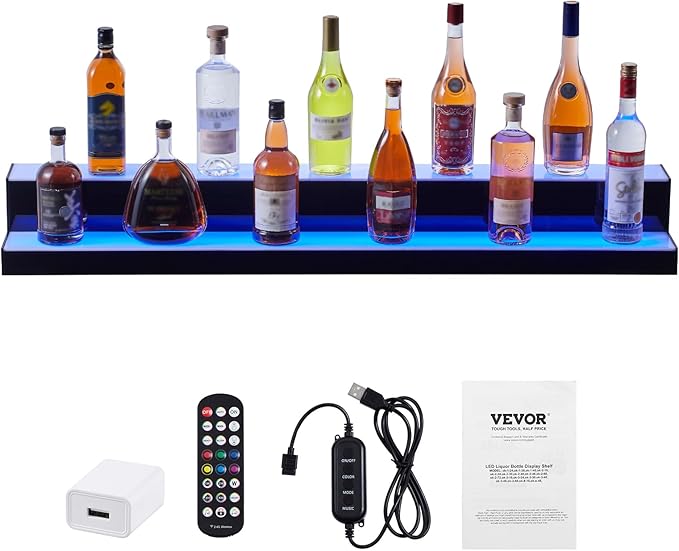 VEVOR LED Lighted Liquor Bottle Display, 2 Tiers 48 Inch Commercial Illuminated Home Bar Shelf, 2 Steps Whiskey Rack Stand, Acrylic Drink Shelves with RF Remote & App Control, and Multicolor Light