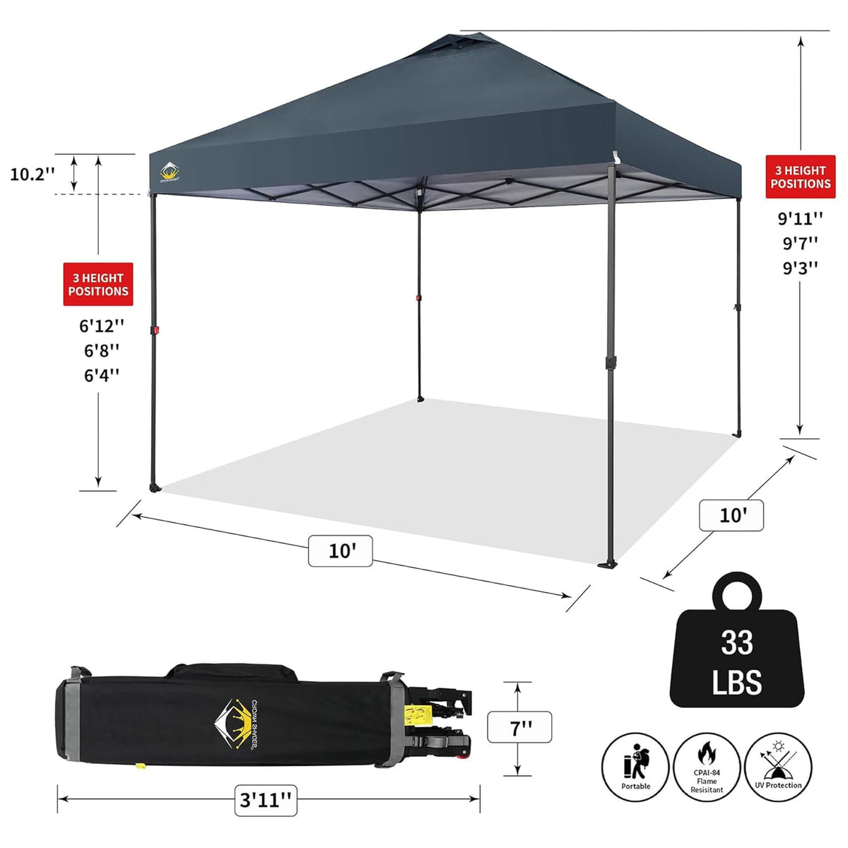 CROWN SHADES 10x10 Pop Up Canopy Tent - Patented Center Lock One Push Instant Outdoor Canopy Beach Tent with STO-N-Go Bag 8 Stakes & 4 Sand Bags，Grid Grey